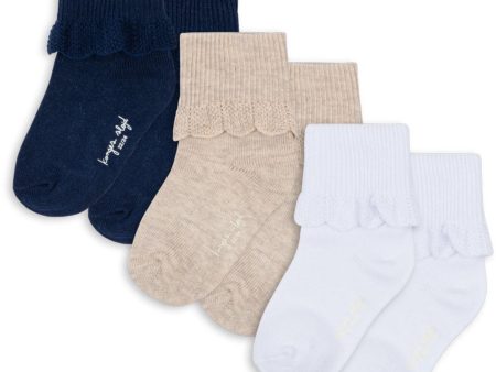 Konges Sløjd White Navy Beige 3 Pack Frill Socks Hot on Sale