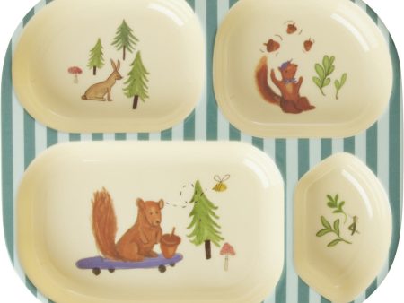 Rice Melamine Kids 4 Room Plate with Blue Happy Forest Print Sale